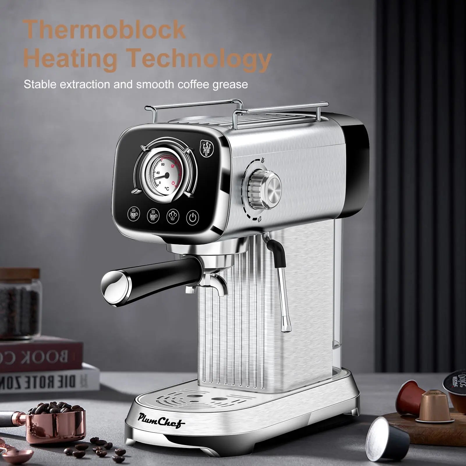 Semi Automatic Coffee Machine 20 Bar Household Coffee Espresso Maker with Milk Frother Steam Wand Temp Gauge 34oz Water Tank