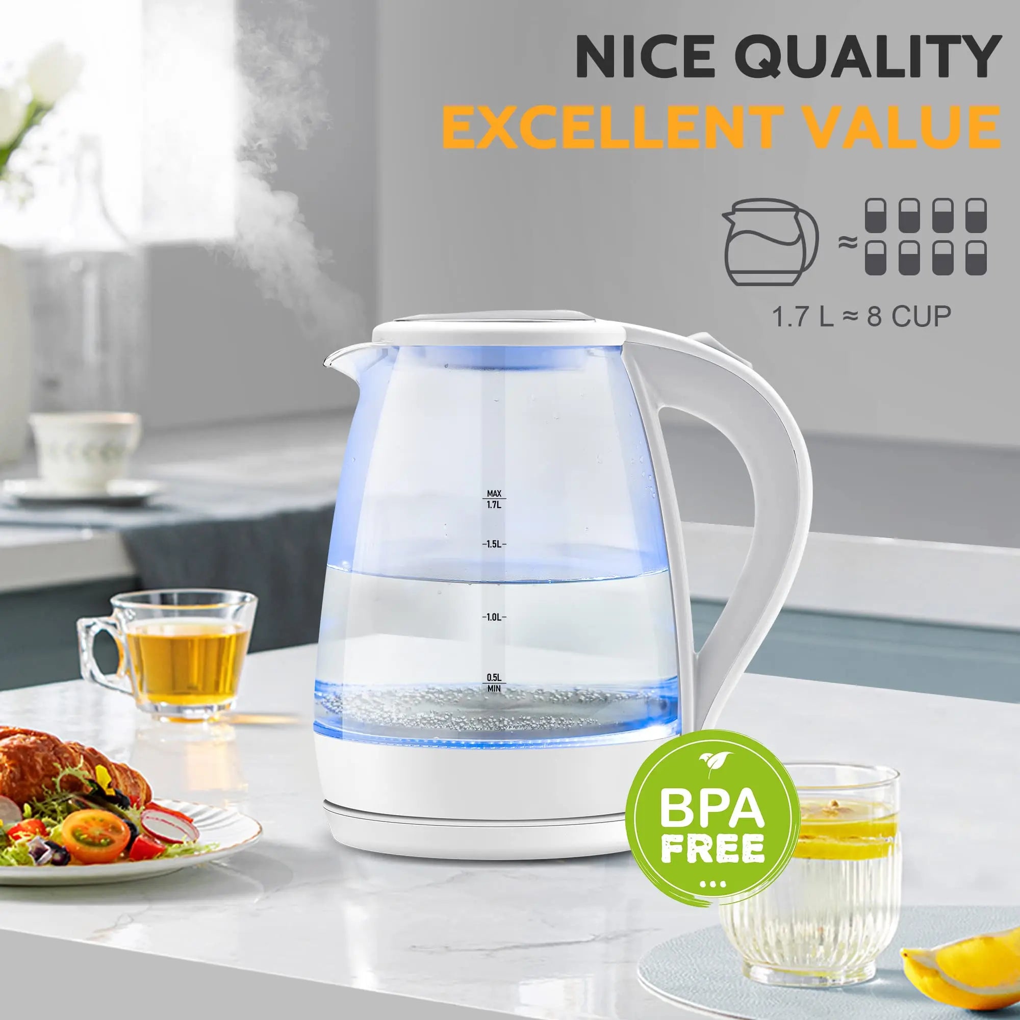 Electric Tea Kettle - 1.7L Borosilicate Glass Electric Kettle with LED Indicator, Fast Boiling Hot Water Boiler