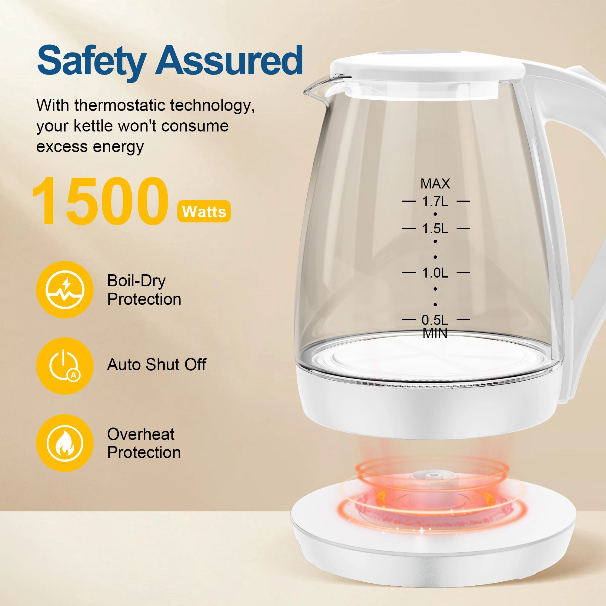 Electric Tea Kettle - 1.7L Borosilicate Glass Electric Kettle with LED Indicator, Fast Boiling Hot Water Boiler