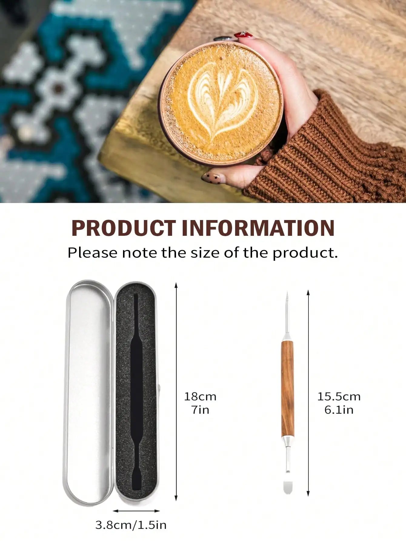 Leeseph Stainless Steel Coffee Art Pen With a Box, Coffee Latte Needle with Wood Handle Cappuccino Spatula Needle Barista Tool
