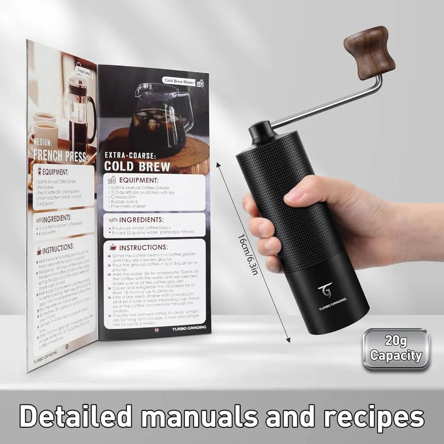 Manual Coffee Grinder with Stainless Steel Conical Burr for Home and Travel Use Aluminum Shell Hand Coffee Bean Mill with 15 Ad