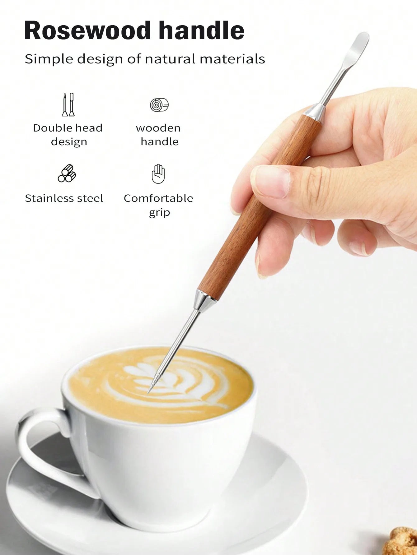 Leeseph Stainless Steel Coffee Art Pen With a Box, Coffee Latte Needle with Wood Handle Cappuccino Spatula Needle Barista Tool