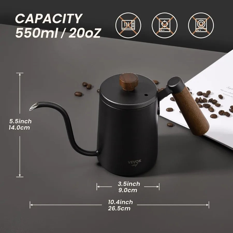 Compact 20 Ounce 550ml Stainless Steel Gooseneck Kettle with Wooden Handle for Precision Pour Over Coffee and Tea Brewing Narro