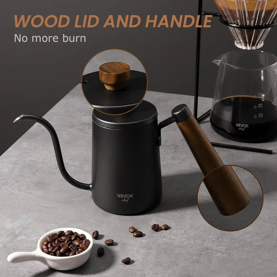 Compact 20 Ounce 550ml Stainless Steel Gooseneck Kettle with Wooden Handle for Precision Pour Over Coffee and Tea Brewing Narro