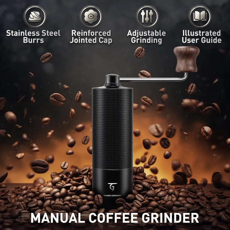 Manual Coffee Grinder with Stainless Steel Conical Burr for Home and Travel Use Aluminum Shell Hand Coffee Bean Mill with 15 Ad
