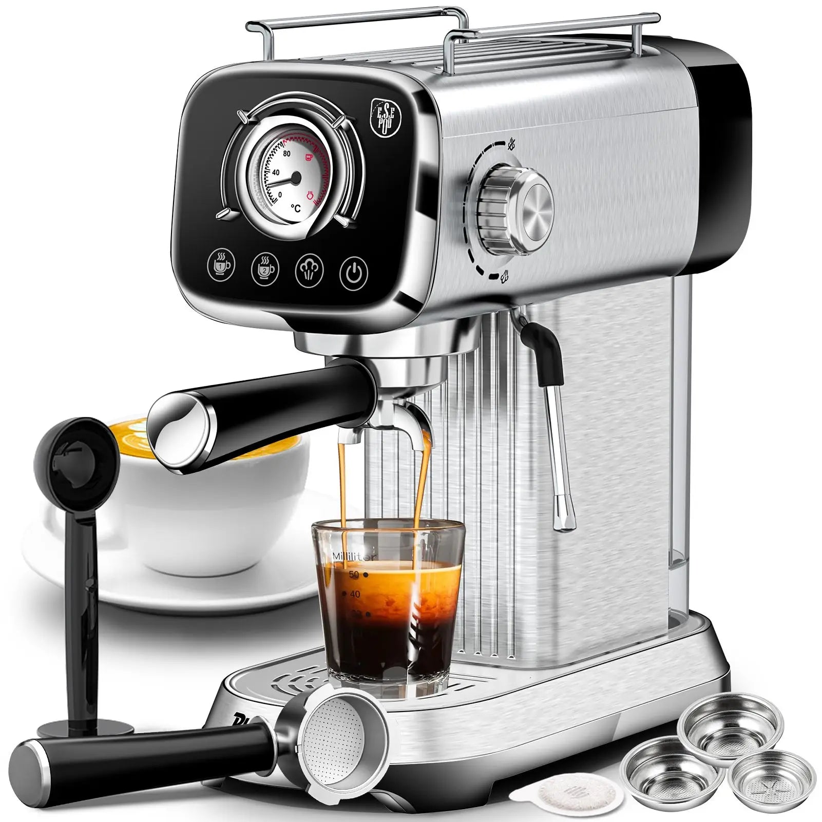 Semi Automatic Coffee Machine 20 Bar Household Coffee Espresso Maker with Milk Frother Steam Wand Temp Gauge 34oz Water Tank