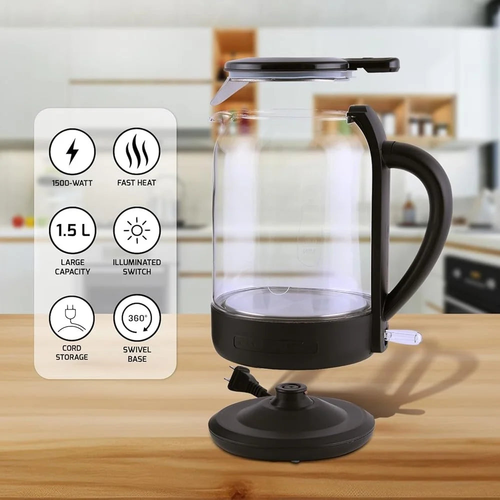 1500W Electric Kettle 1.5L Borosilicate Glass Fast Boiling Water Heater Auto Shut-Off ProntoFill Technology Safe Multi-Use
