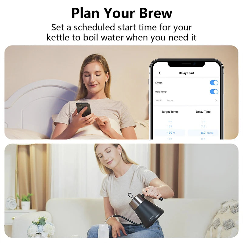 CROWNFUL Gooseneck Electric Kettle with Smart Variable Temperature Control 0.8L Hand Brew Coffee Pot 1200W Rapid Heating Kettle