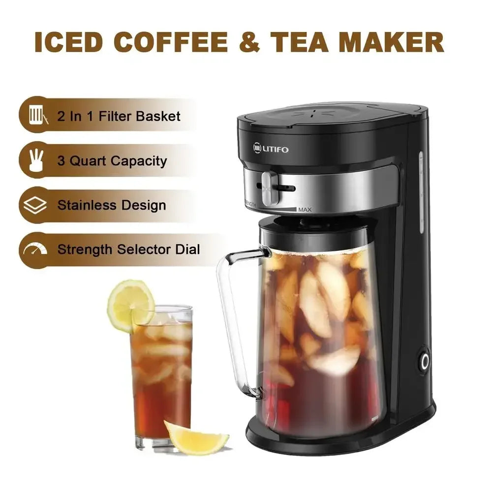 Iced Tea Maker Iced Coffee Brewer 2.5 Quart Pitcher Adjustable Brew Strength Selector Automatic Shut Off Easy Clean Filter