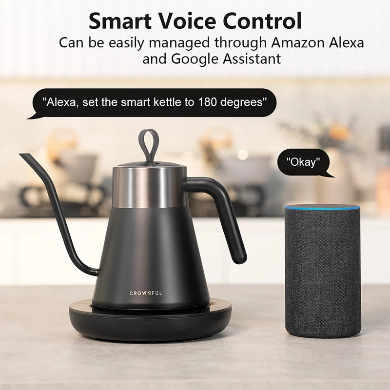 CROWNFUL Gooseneck Electric Kettle with Smart Variable Temperature Control 0.8L Hand Brew Coffee Pot 1200W Rapid Heating Kettle