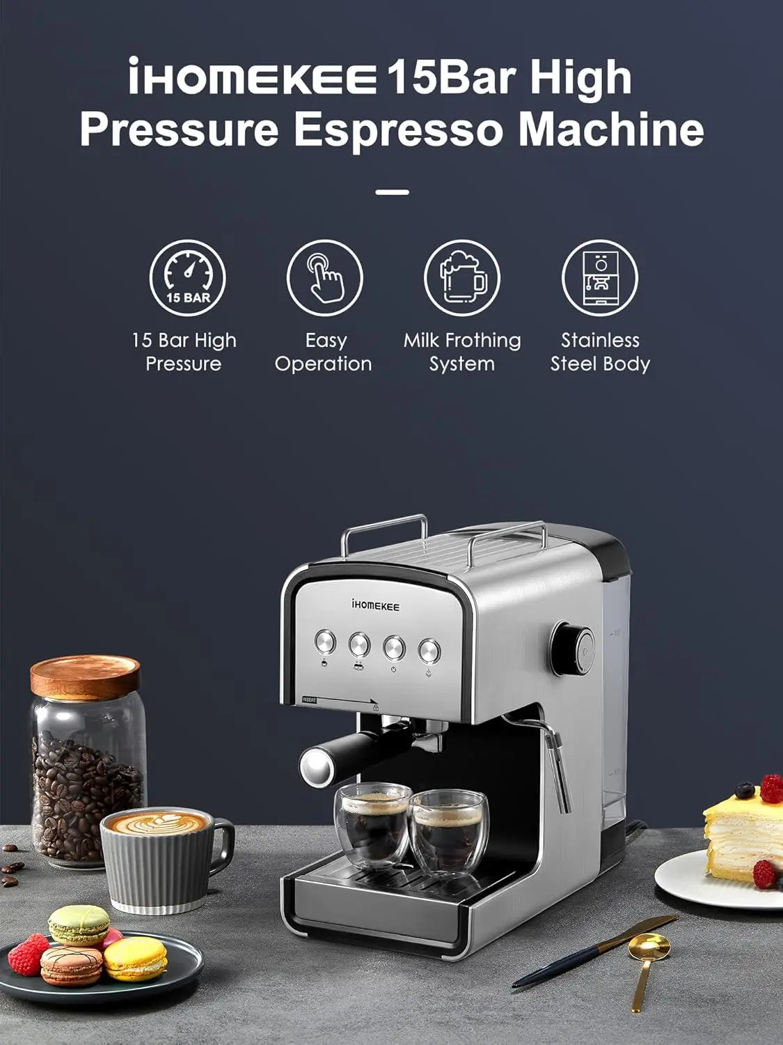 Espresso machine, CM6822 15 Bar Coffee Maker for Cappuccino and Latte Maker With Milk Frother, Removable Water Tank, Fast Heatin