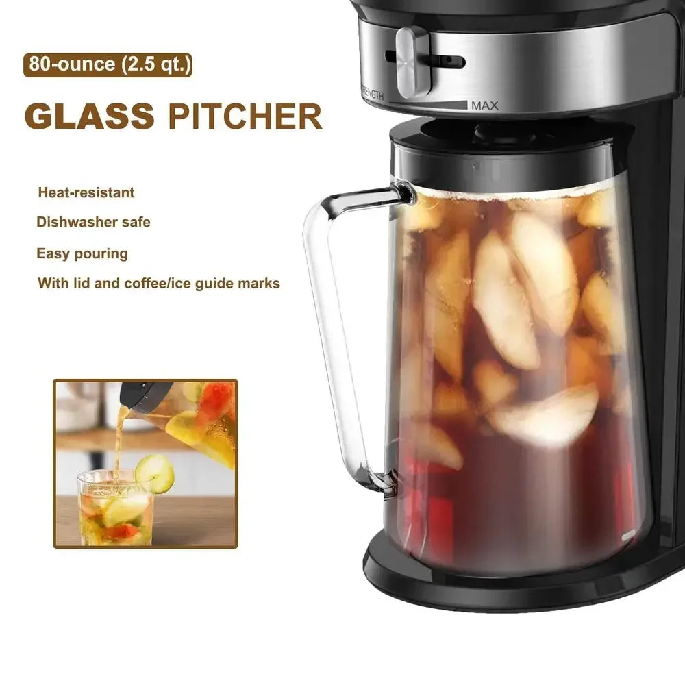 Iced Tea Maker Iced Coffee Brewer 2.5 Quart Pitcher Adjustable Brew Strength Selector Automatic Shut Off Easy Clean Filter