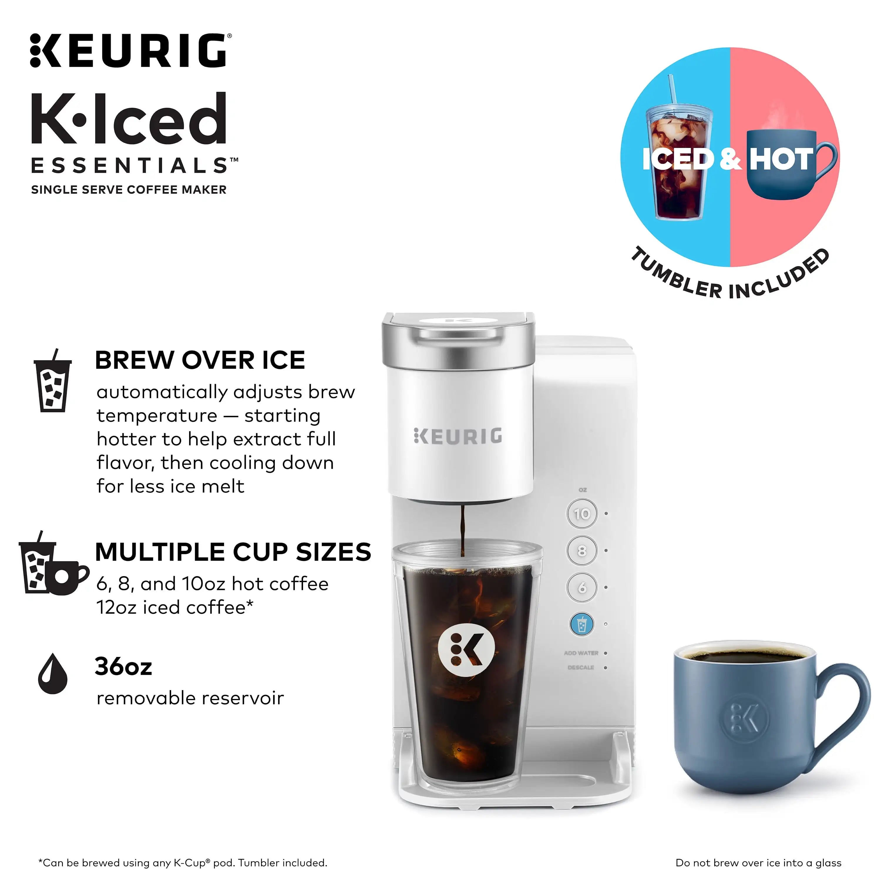 Keurig K-Iced Essentials, Gray Iced and Hot Single-Serve K-Cup Pod Coffee Maker, reusable tumbler included