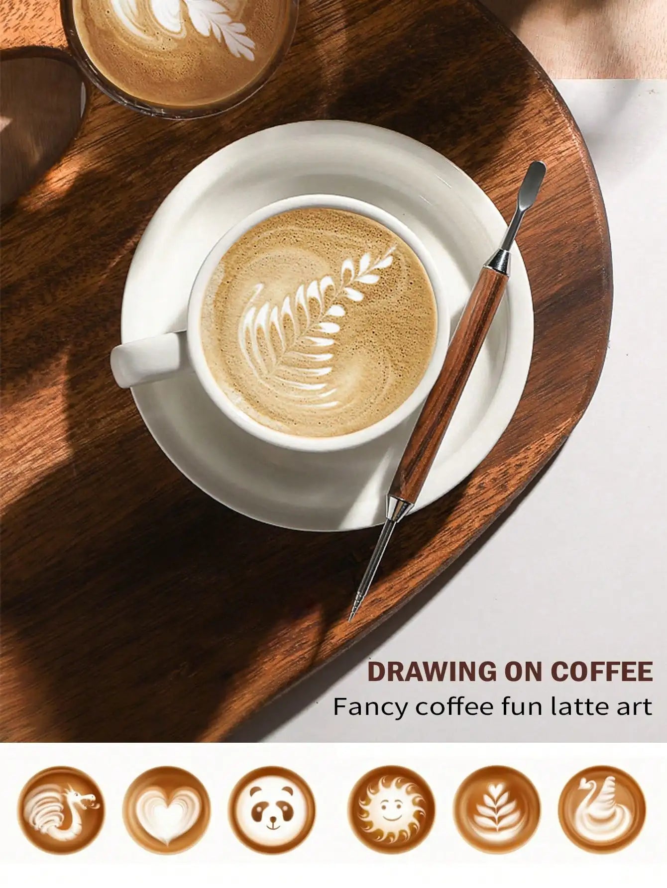 Leeseph Stainless Steel Coffee Art Pen With a Box, Coffee Latte Needle with Wood Handle Cappuccino Spatula Needle Barista Tool