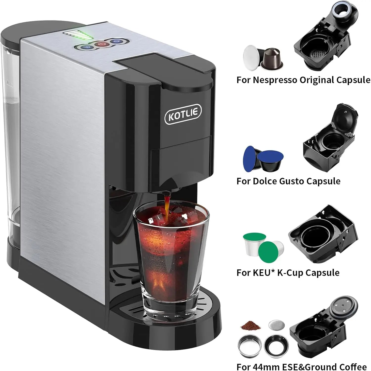 19Bar Pressure Single Serve Coffee Maker, Multifunctional 5in1 Coffee Machine for NES* Original/Dolce Gusto/K cup/Ground Coffee/