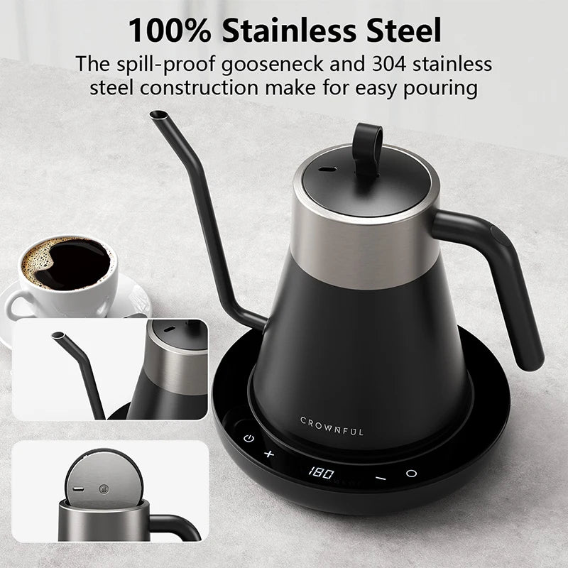 CROWNFUL Gooseneck Electric Kettle with Smart Variable Temperature Control 0.8L Hand Brew Coffee Pot 1200W Rapid Heating Kettle