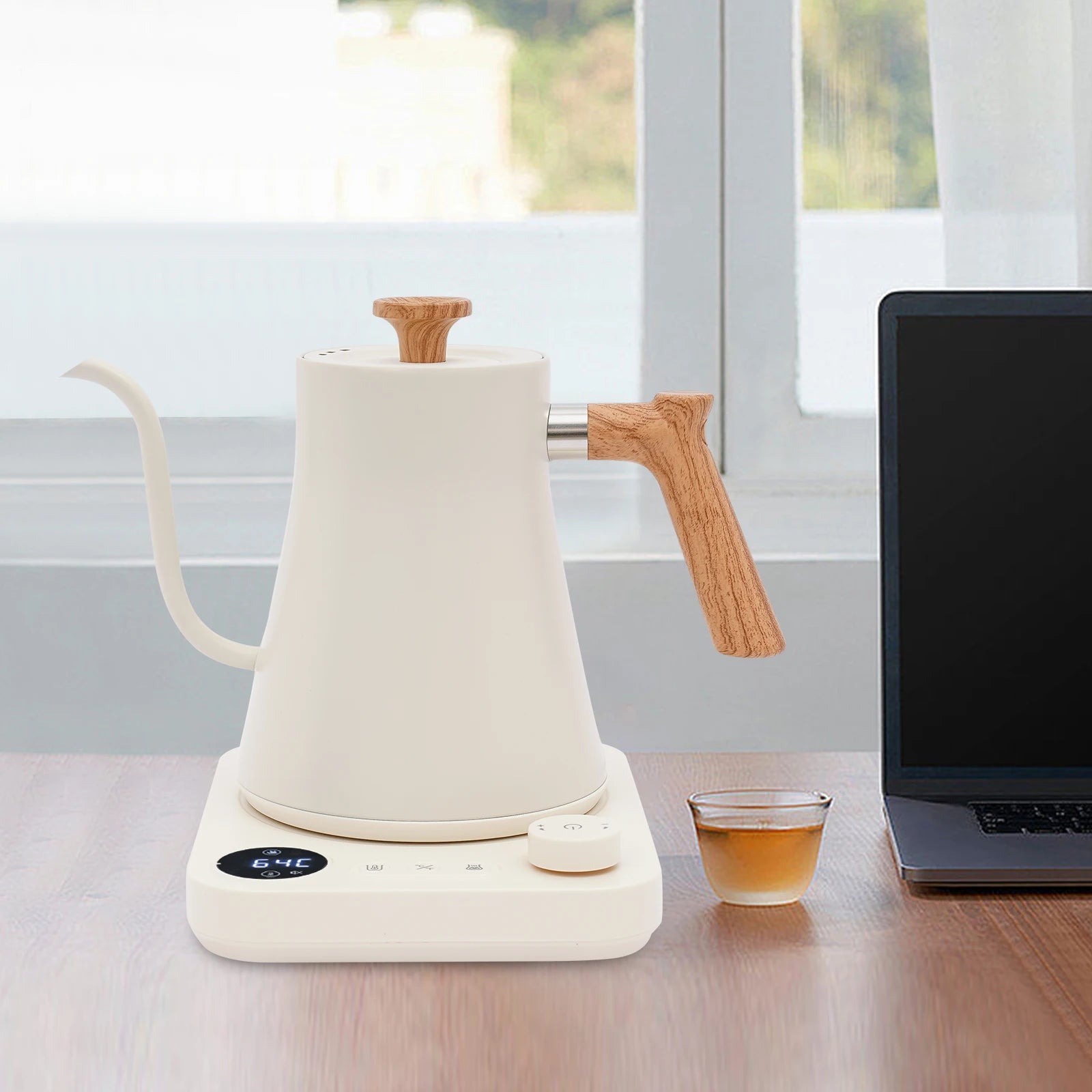 Electric Gooseneck Kettle for Coffee & Tea , 0.9L Stainless Steel Hot Water Kettle Electric,1200W with LED Display (White)