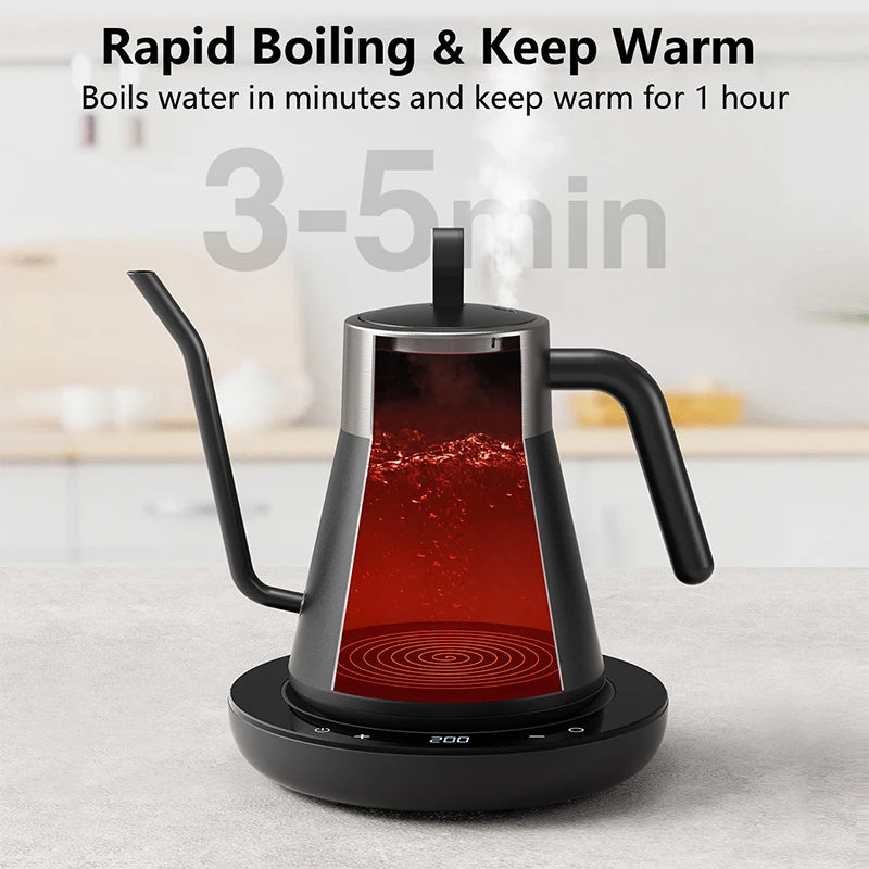 CROWNFUL Gooseneck Electric Kettle with Smart Variable Temperature Control 0.8L Hand Brew Coffee Pot 1200W Rapid Heating Kettle