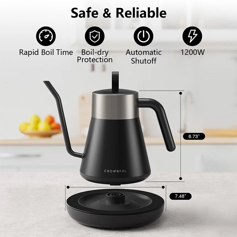 CROWNFUL Gooseneck Electric Kettle with Smart Variable Temperature Control 0.8L Hand Brew Coffee Pot 1200W Rapid Heating Kettle
